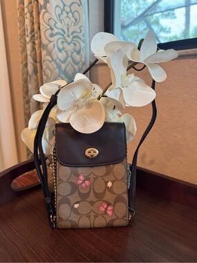 Coach Butterfly Pattern Signature Crossbody in Brown with Pink Accents